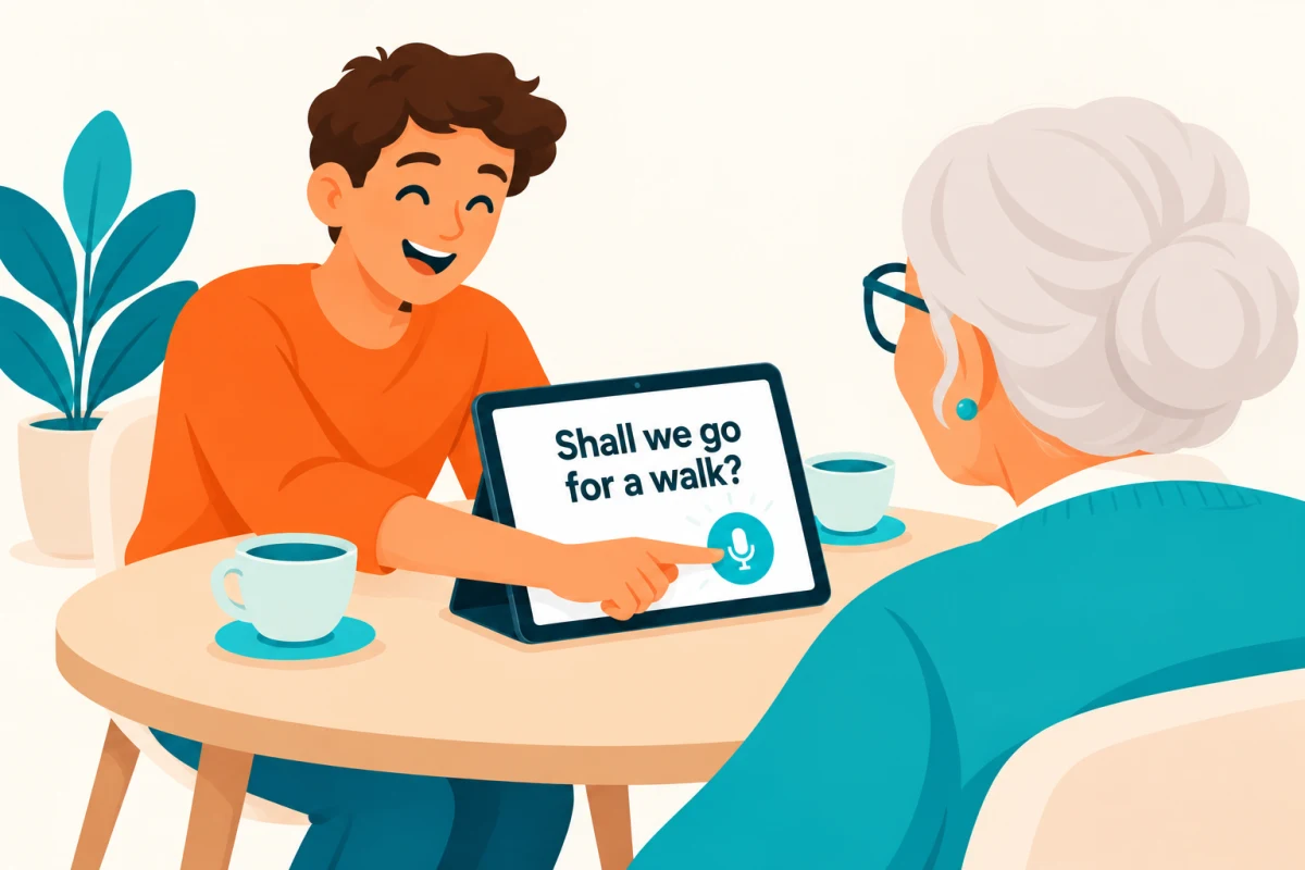 A grandson presses the microphone on an iPad facing his grandmother. It reads: Shall we go for a walk?