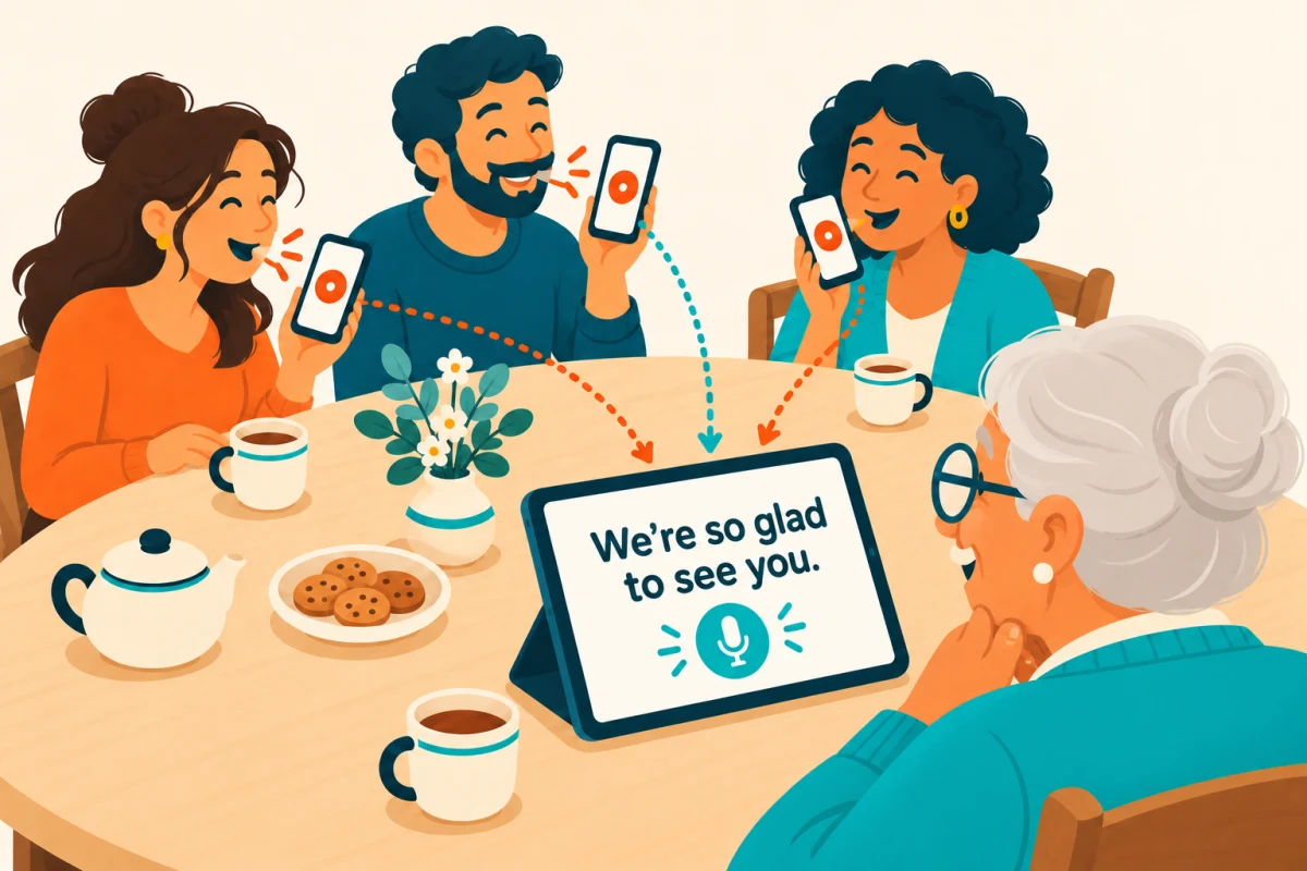 Grandmother reads an iPad facing her while three relatives across the table speak into their own phones.